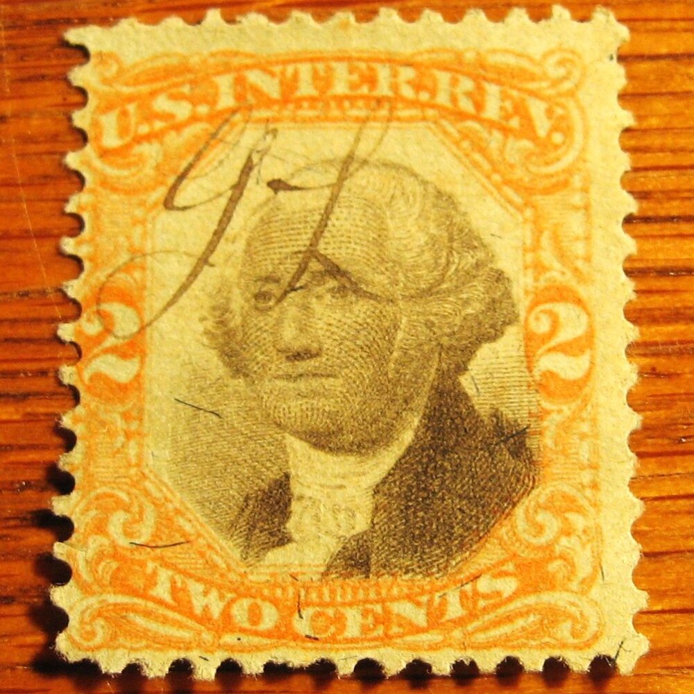 1875 Internal Revenue 2 cent George Washington Postage Stamp heavy cancel